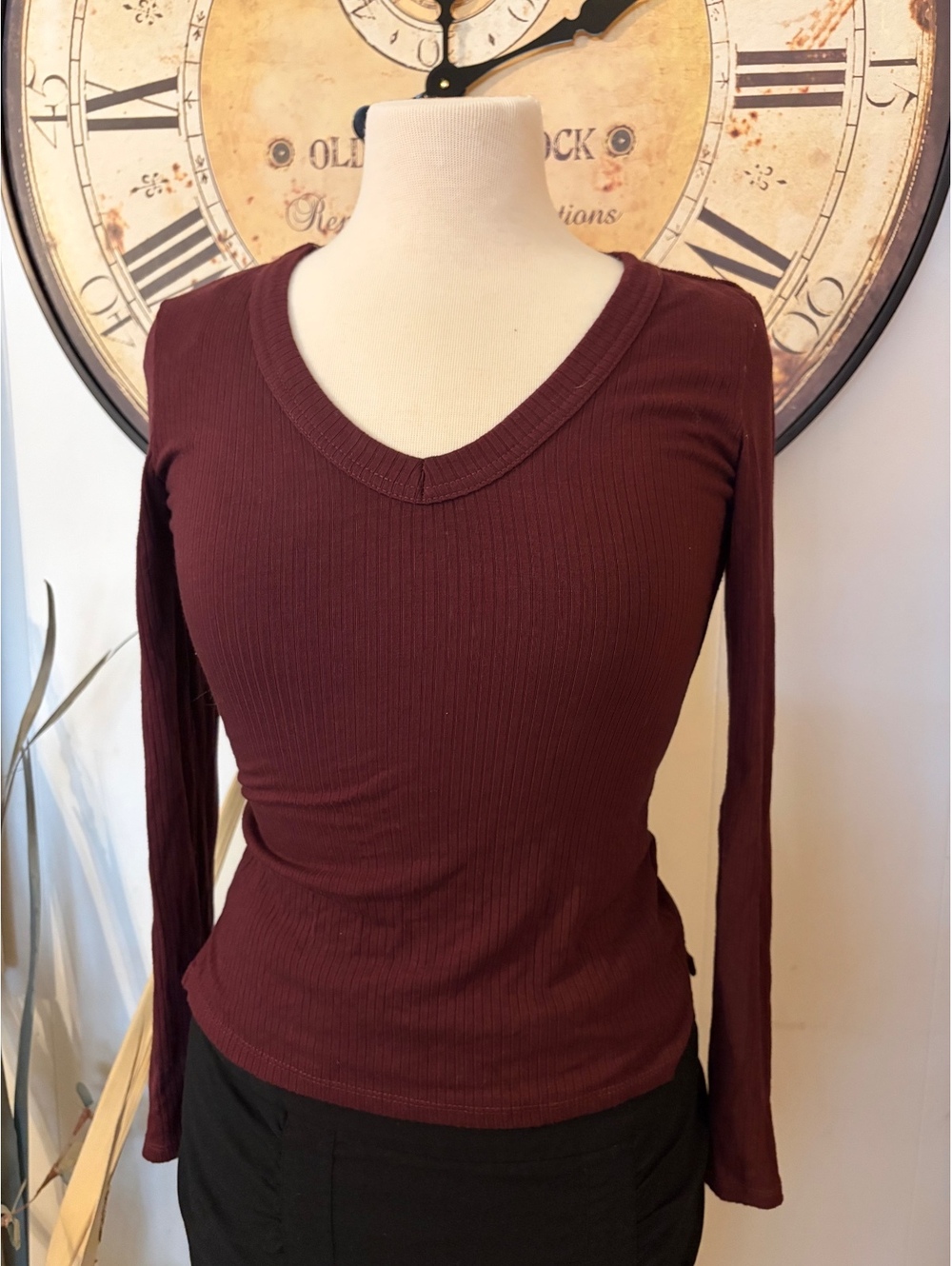 Cyrus Essentials Women's Burgundy V-Neck Top XS